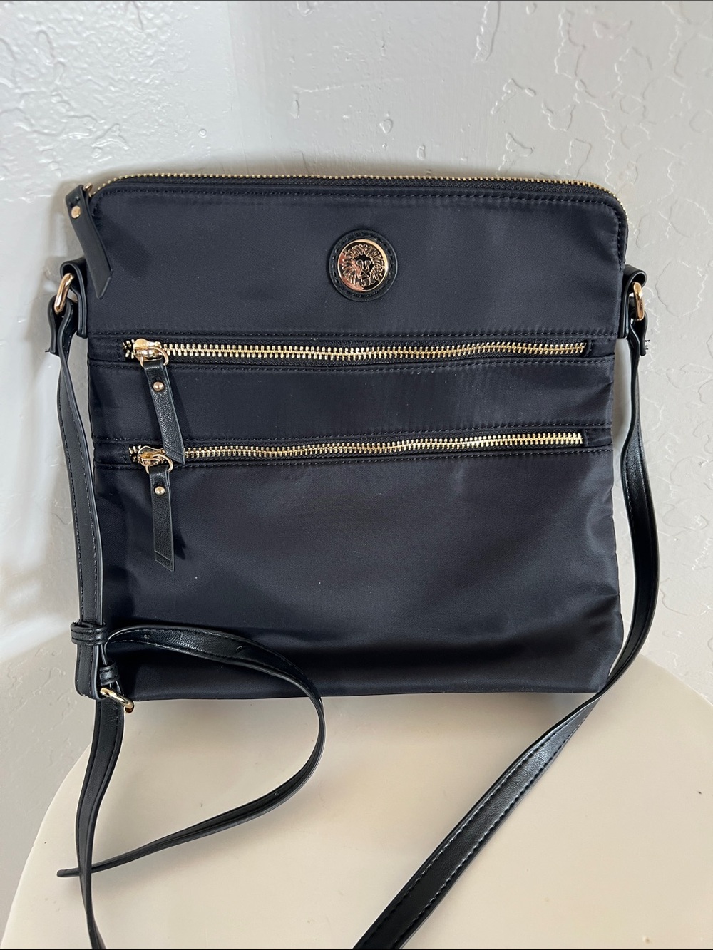 Versace-Inspired Black Crossbody Bag with Gold Accents- Anne Klein